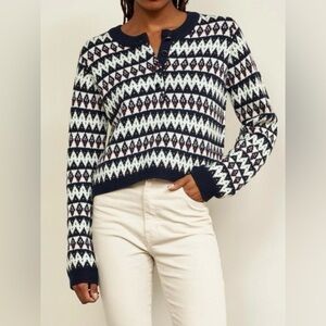 La Ligne New York Women's Courchevel Henley Wool Sweater Multi Navy White XL